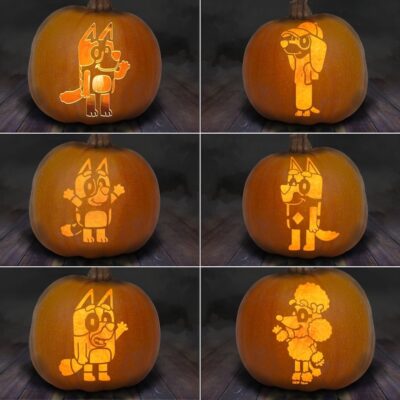 Six Halloween pumpkins carved with Bluey cartoon dog characters in various poses, each glowing from within. The designs feature playful, standing dogs with expressive faces, wearing costumes or holding props—perfect inspiration if you’re searching for Bluey pumpkin stencils or fun Bluey printables to make your own festive creations.