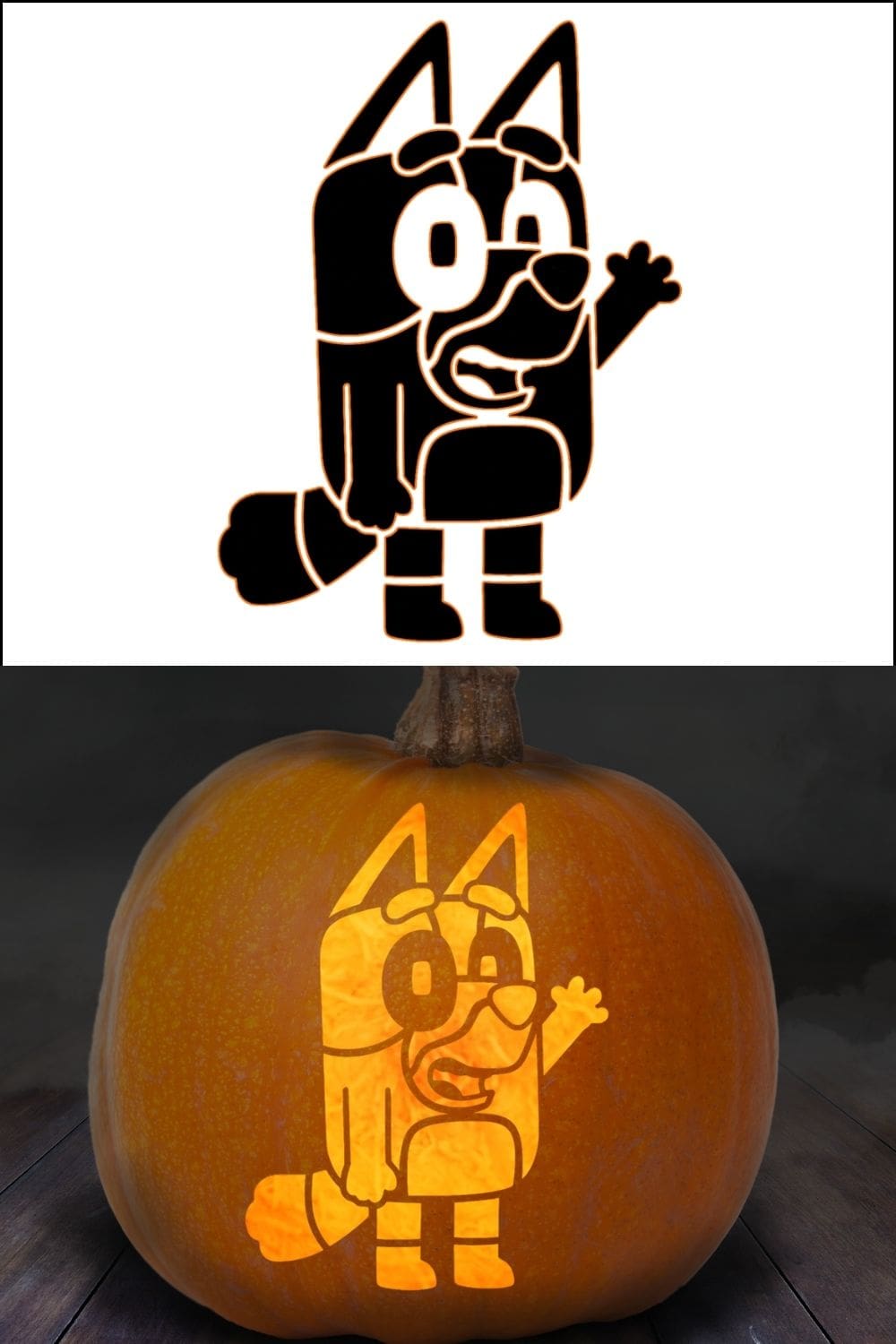 Top: Black outline of a cartoon dog waving. Bottom: Pumpkin carved with the same cartoon dog design, glowing from inside—perfect inspiration for fans searching for bluey pumpkin stencils.