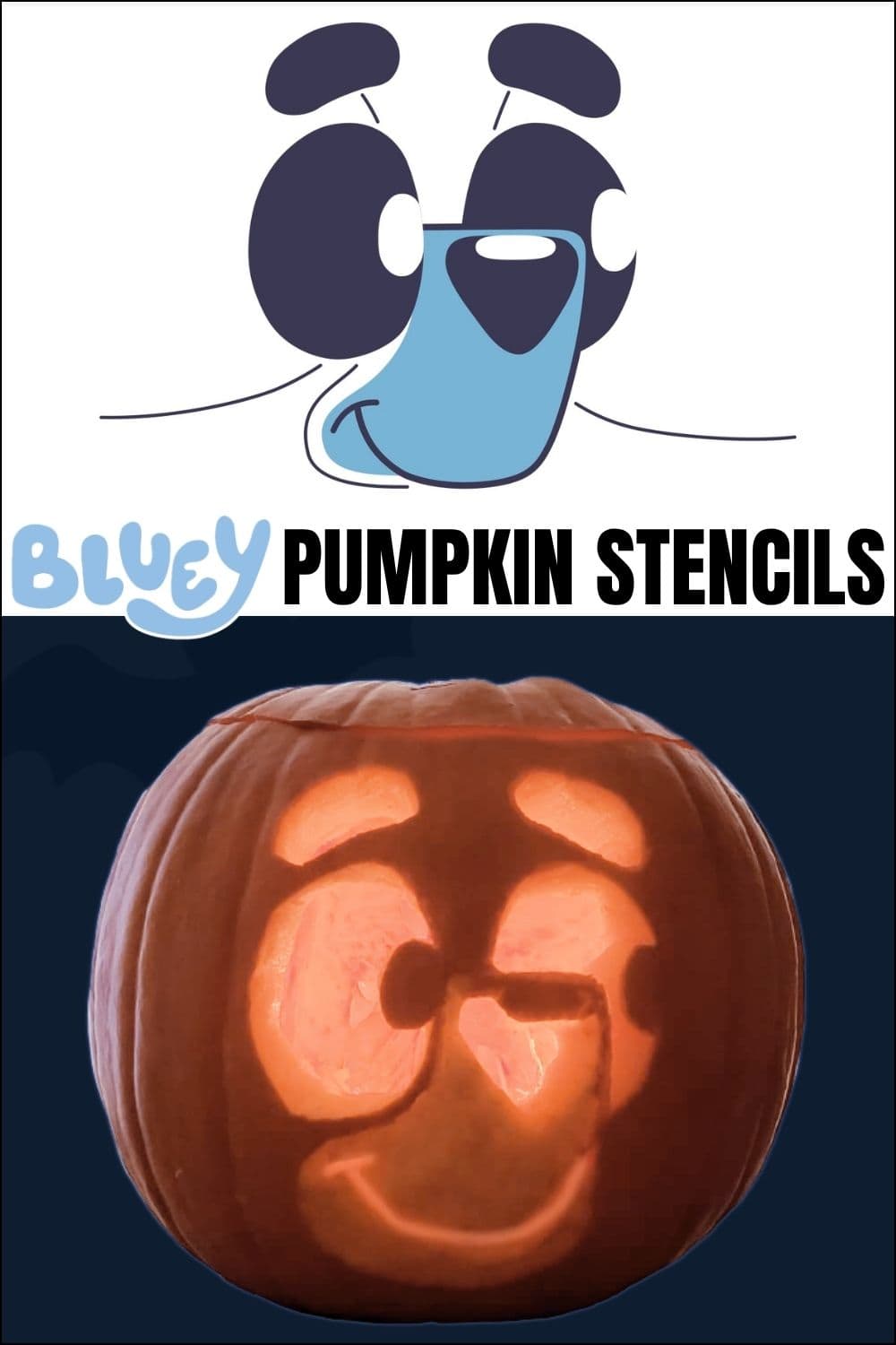 A pumpkin carved with the face of Bluey, a cartoon dog, is shown below a Bluey face stencil and the text “Bluey Pumpkin Stencils,” making it easy to create your own Bluey pumpkin design using these bluey pumpkin stencils.