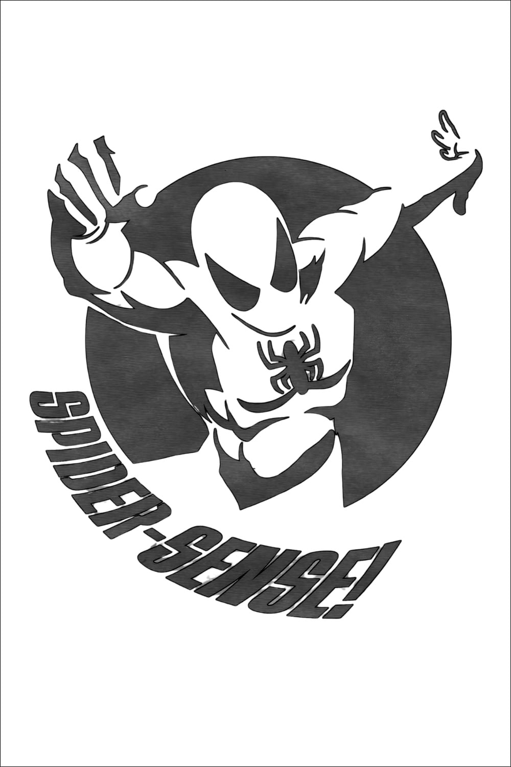 Stylized black and white illustration of Spider-Man with one arm extended, surrounded by a circle. Perfect for fans seeking free printable Spider-Man templates or unique Spiderman pumpkin stencils, the design features the words “SPIDER-SENSE!” in bold, angled text below the figure.
