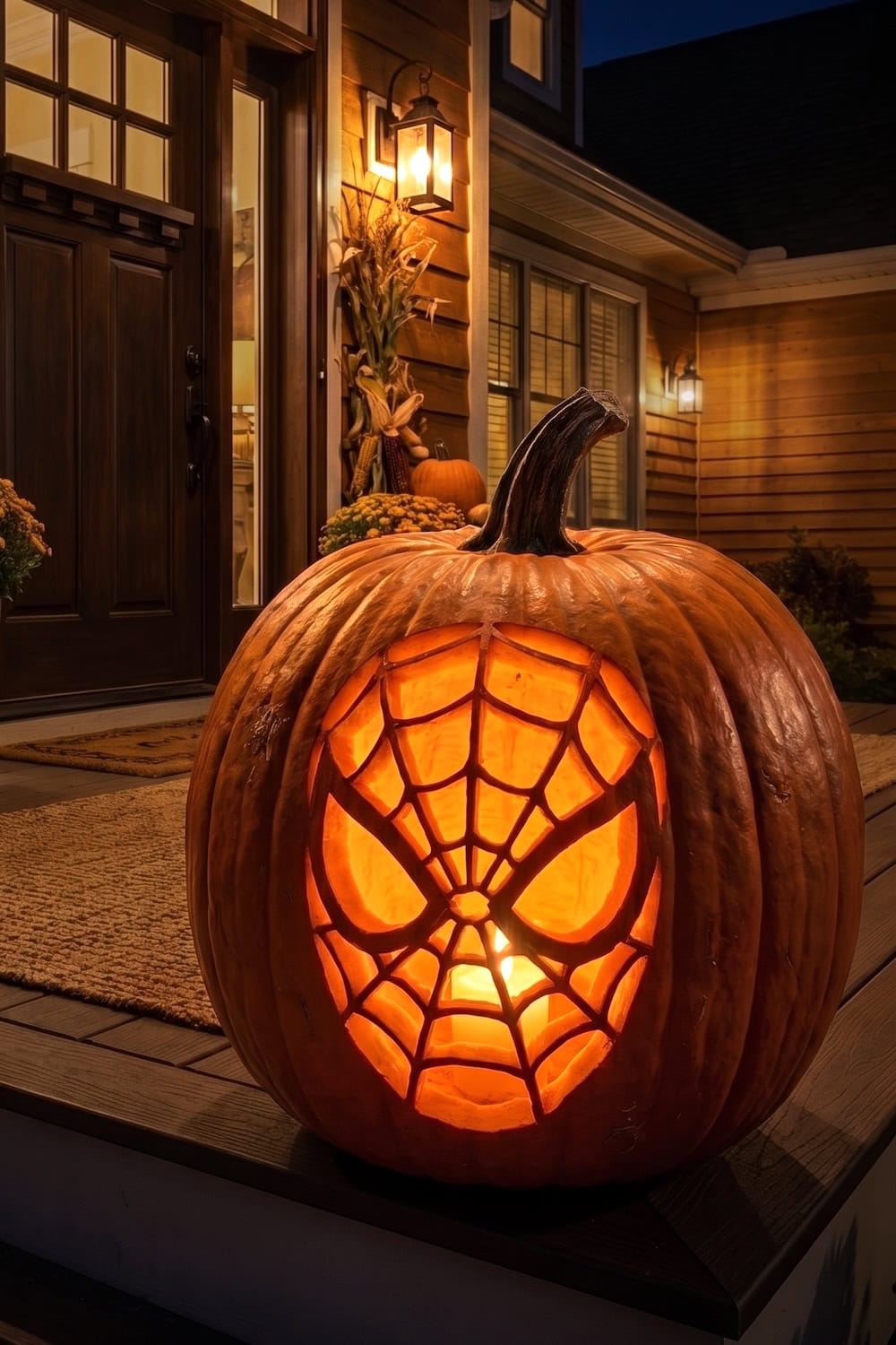 A carved pumpkin on a porch features a glowing Spider-Man mask design, illuminated from within using free, printable Spider-Man templates. The house’s front door, autumn decorations, and warm lighting create a festive Halloween atmosphere.