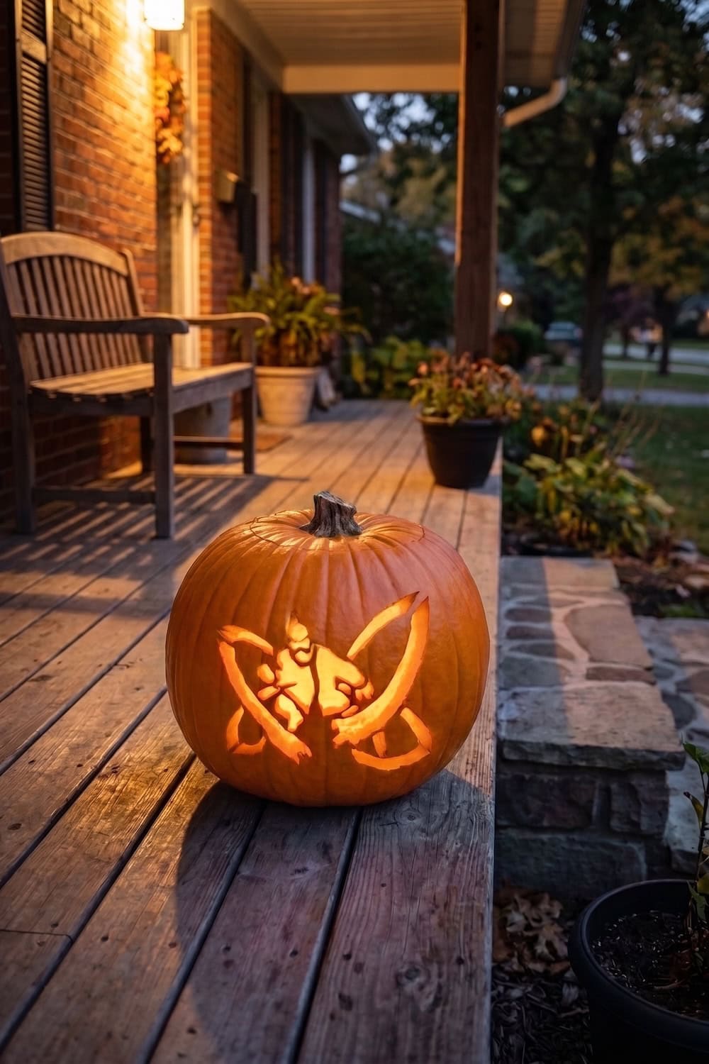 A carved pumpkin with a butterfly design glows on a wooden porch at dusk, surrounded by potted plants and autumn leaves near a brick house—perfect inspiration for those looking for Spiderman pumpkin stencils or free printable carving templates.