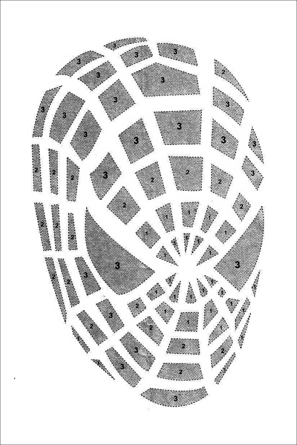 Black and white drawing of a Spider-Man mask with web patterns and numbered sections, likely for a color-by-number activity. The sections are marked mostly with 2s and 3s. This free printable is perfect for those searching for creative Spider-Man templates or even inspiration for Spiderman pumpkin stencils.