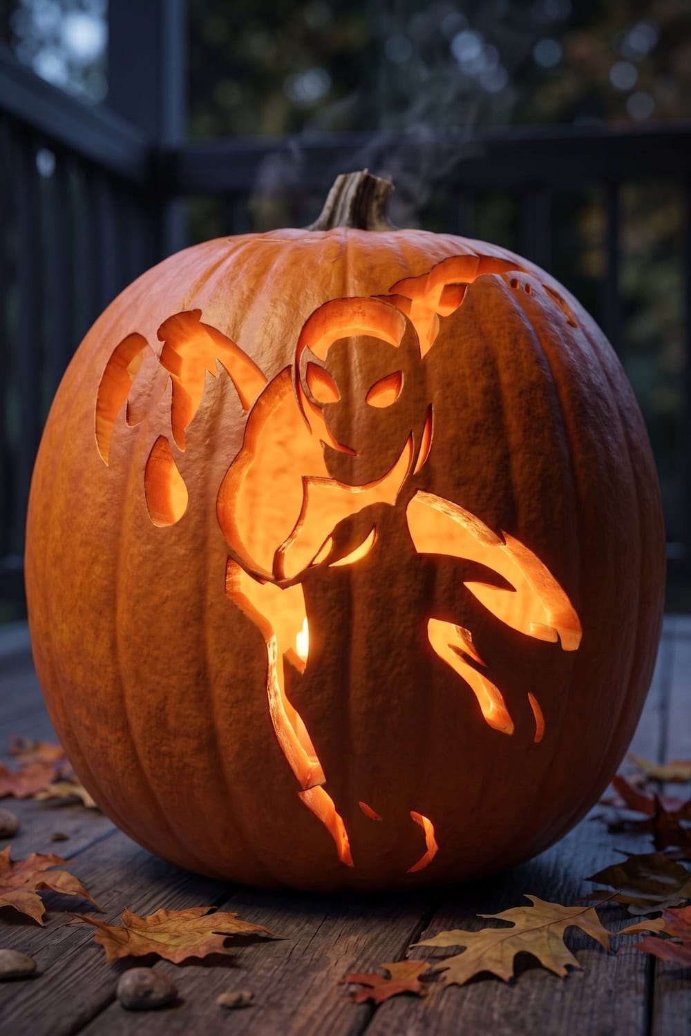 A large pumpkin sits on a wooden porch, intricately carved with a superhero figure using Spiderman pumpkin stencils. The glowing light inside the pumpkin highlights the dynamic pose, while scattered autumn leaves surround the display.