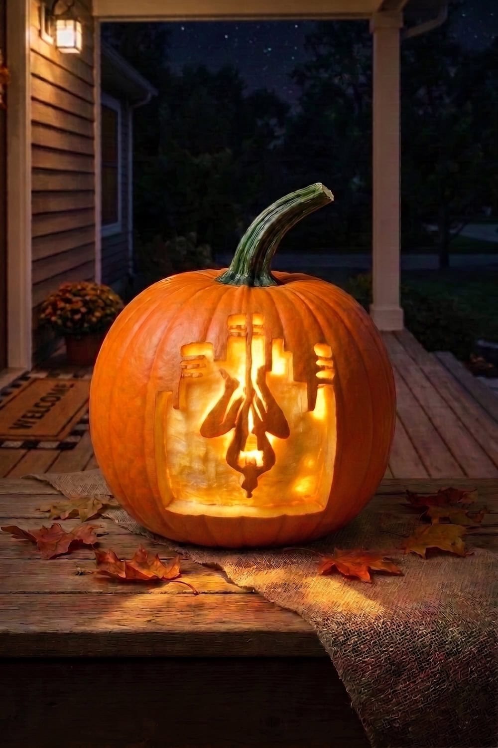 A glowing jack-o’-lantern with a detailed carving of kitchen utensils sits on a porch step at night, surrounded by autumn leaves and a doormat, with a house visible in the background—perfect inspiration for those looking for unique ideas beyond classic Spiderman pumpkin stencils or Spider-Man templates.