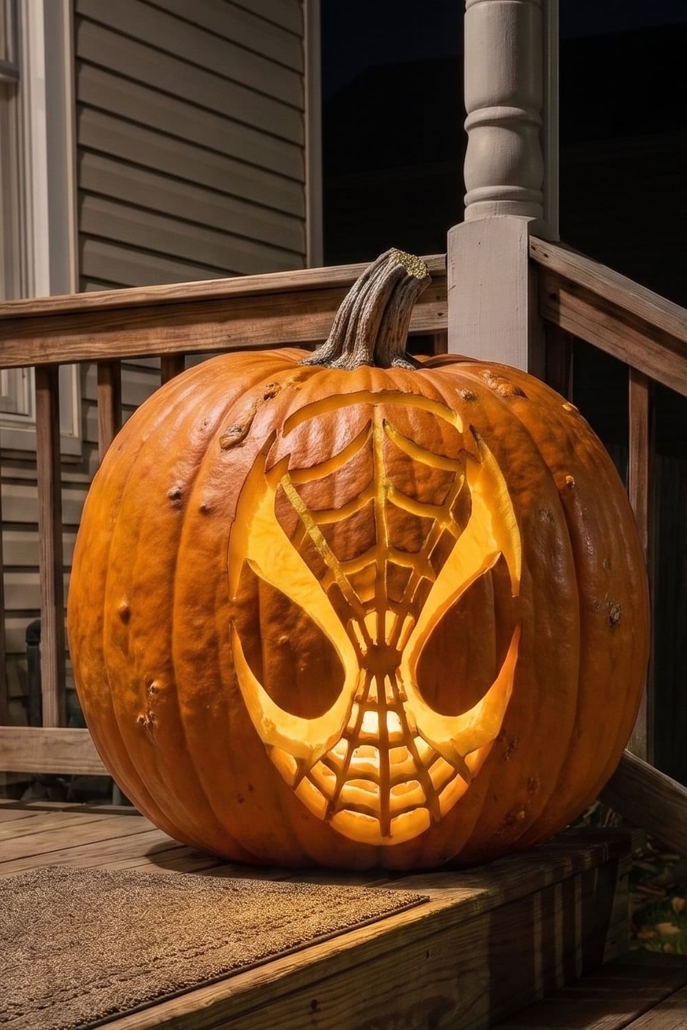 A large pumpkin carved with a glowing Spider-Man mask design—using Spiderman Pumpkin Stencils—sits on a wooden porch at night.