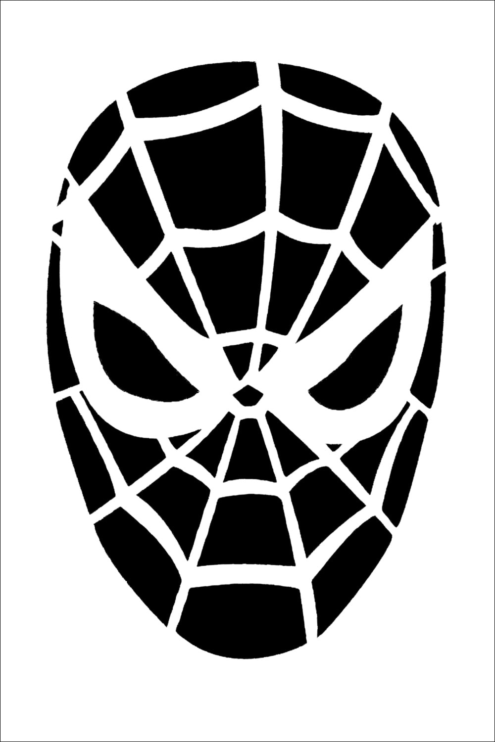 Black stencil of a Spider-Man mask with bold web lines and large white eye shapes on a plain white background—perfect for anyone searching for free Spider-Man templates or printable Spider-Man templates for crafts and creative projects.