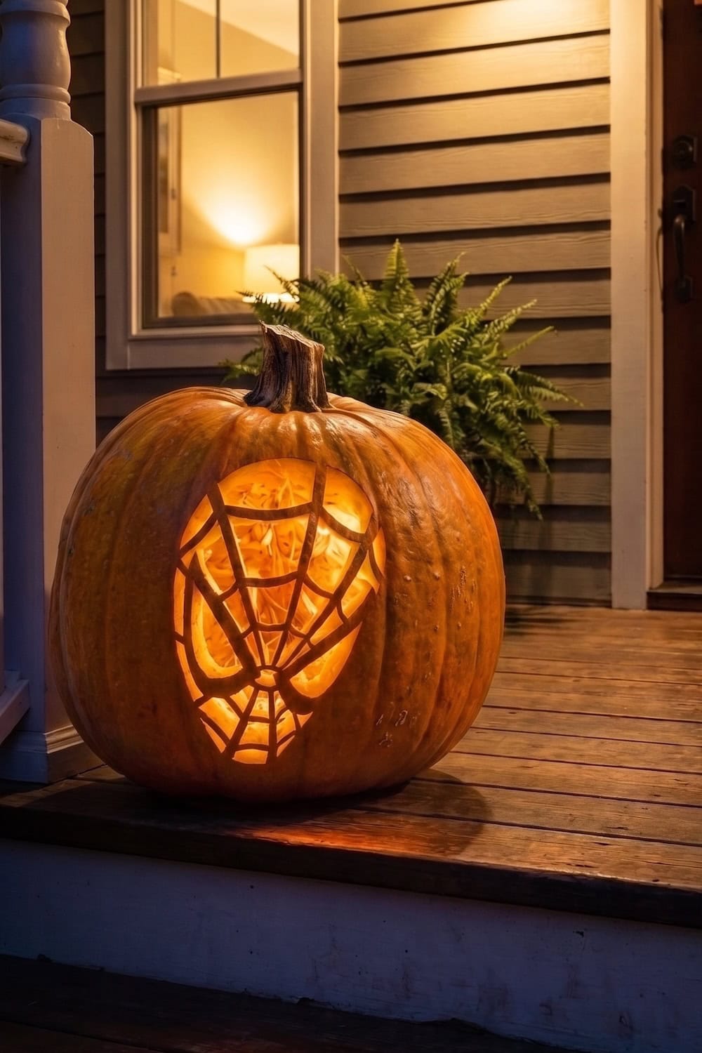 A large pumpkin carved with a Spider-Man face design, using printable Spider-Man templates, glows with a candle inside, sitting on a wooden porch near a potted fern, with a warmly lit window in the background.