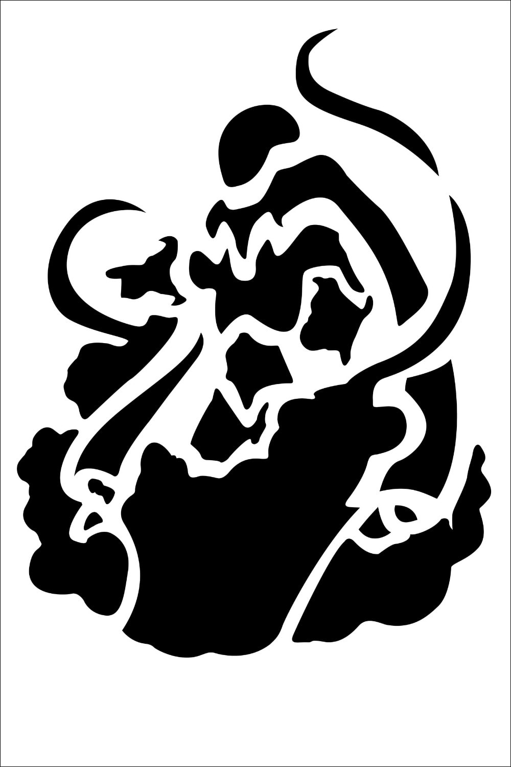 Black abstract silhouette of a monstrous creature with tentacles, a jagged mouth, and cloud-like shapes, set against a white background—a striking design reminiscent of the dramatic forms found in printable Spider-Man templates or Spiderman pumpkin stencils.