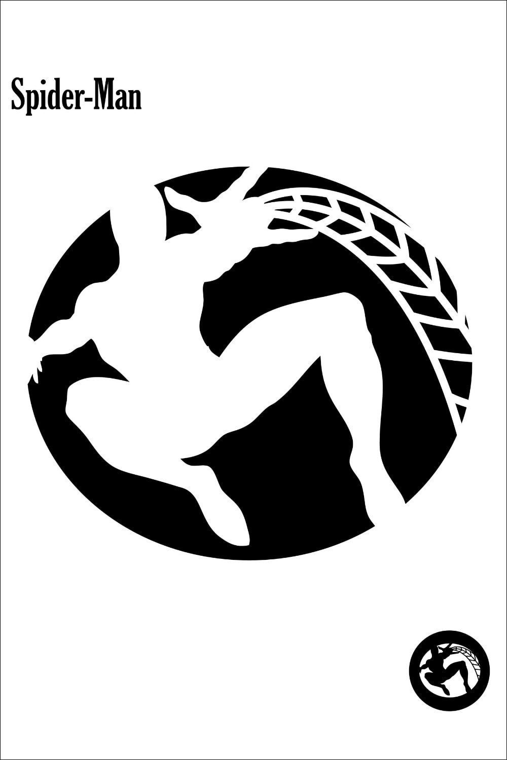 Black and white graphic of Spider-Man swinging on a web, with “Spider-Man” text in the top left and a small circular Spider-Man logo in the bottom right corner—perfect for those looking for printable Spider-Man templates or free Spiderman stencils to use in crafts or as Spiderman pumpkin stencils.