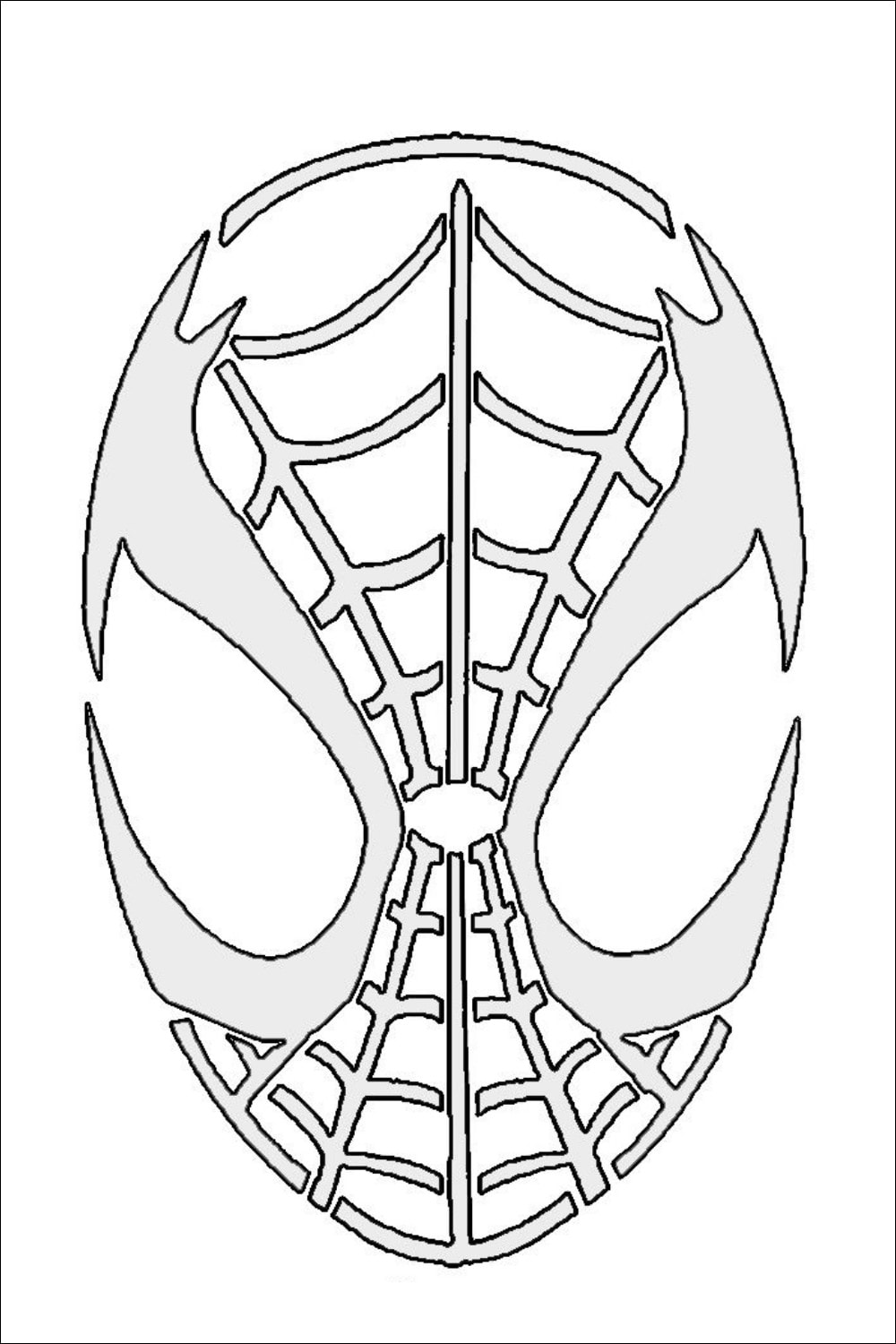 Black and white outline drawing of Spider-Man’s mask, featuring web patterns and large eye shapes on a white background. This free printable is perfect for anyone searching for Spider-Man templates or Spiderman pumpkin stencils.