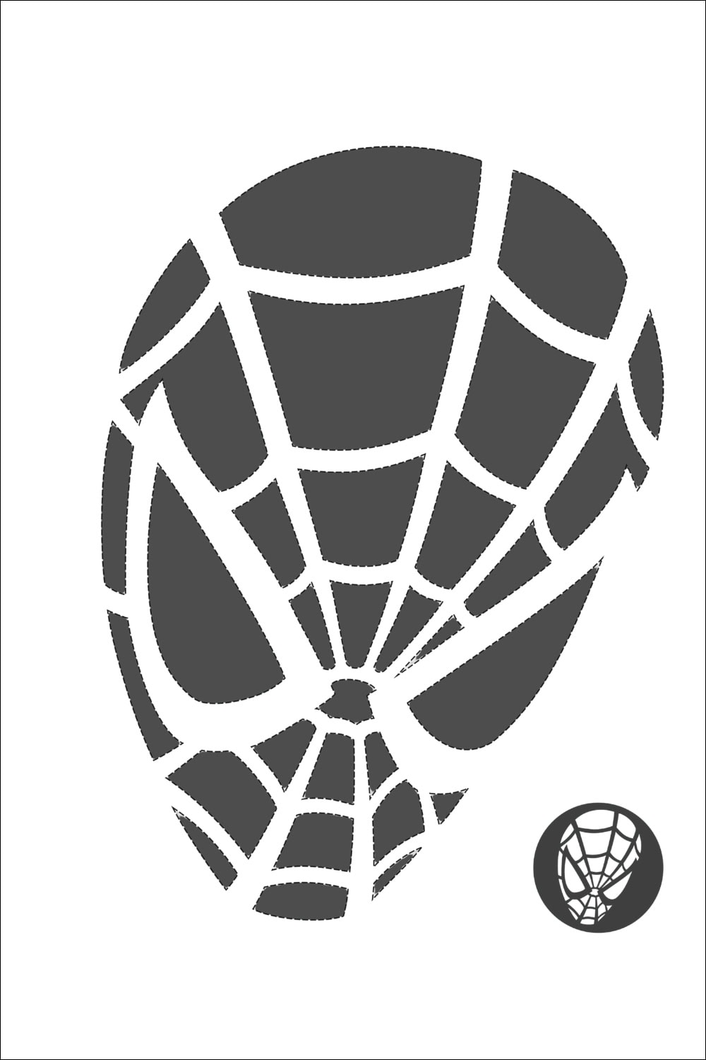 A black web pattern forming a stylized head shape on a white background, reminiscent of Spider-Man templates, with a smaller circular version of the same design in the lower right corner—ideal as free printable Spiderman pumpkin stencils.