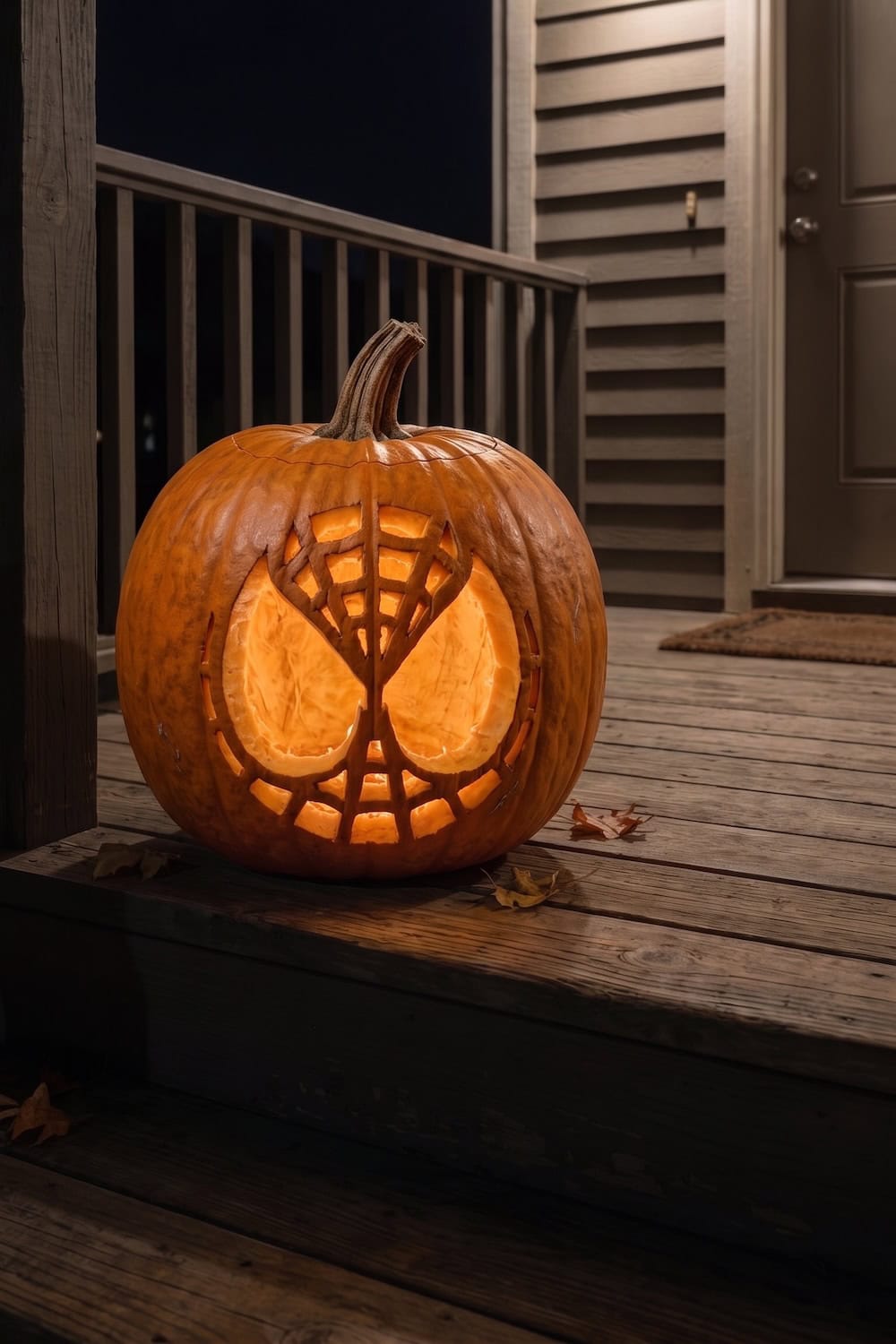 A carved pumpkin on a porch, illuminated from inside, features a spiderweb and mask design resembling Spider-Man’s face—perfect for fans using Spiderman pumpkin stencils or free printable Spider-Man templates.
