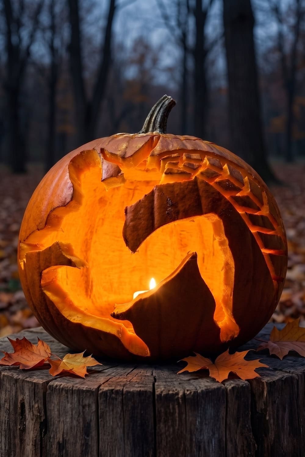 A carved pumpkin with a dragon design glows from an inner candle, sitting on a tree stump surrounded by autumn leaves in a forest setting—perfect inspiration for those seeking creative Spiderman pumpkin stencils or other free printable templates for their own autumn masterpieces.