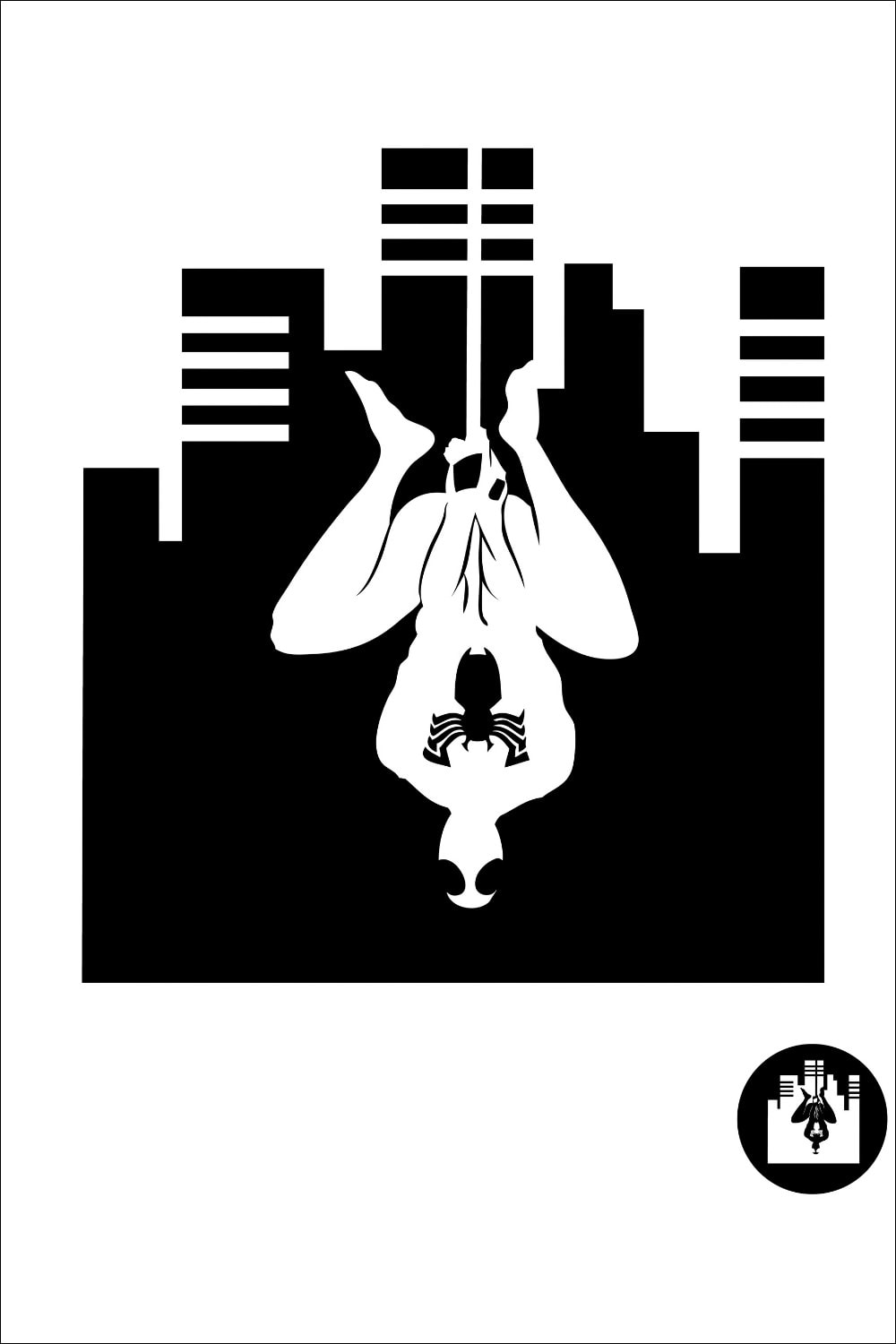 Black and white graphic of a superhero hanging upside down on a web in front of a city skyline, with a smaller, similar logo in the lower right corner—perfect inspiration for Spiderman pumpkin stencils or free printable Spider-Man templates this season.