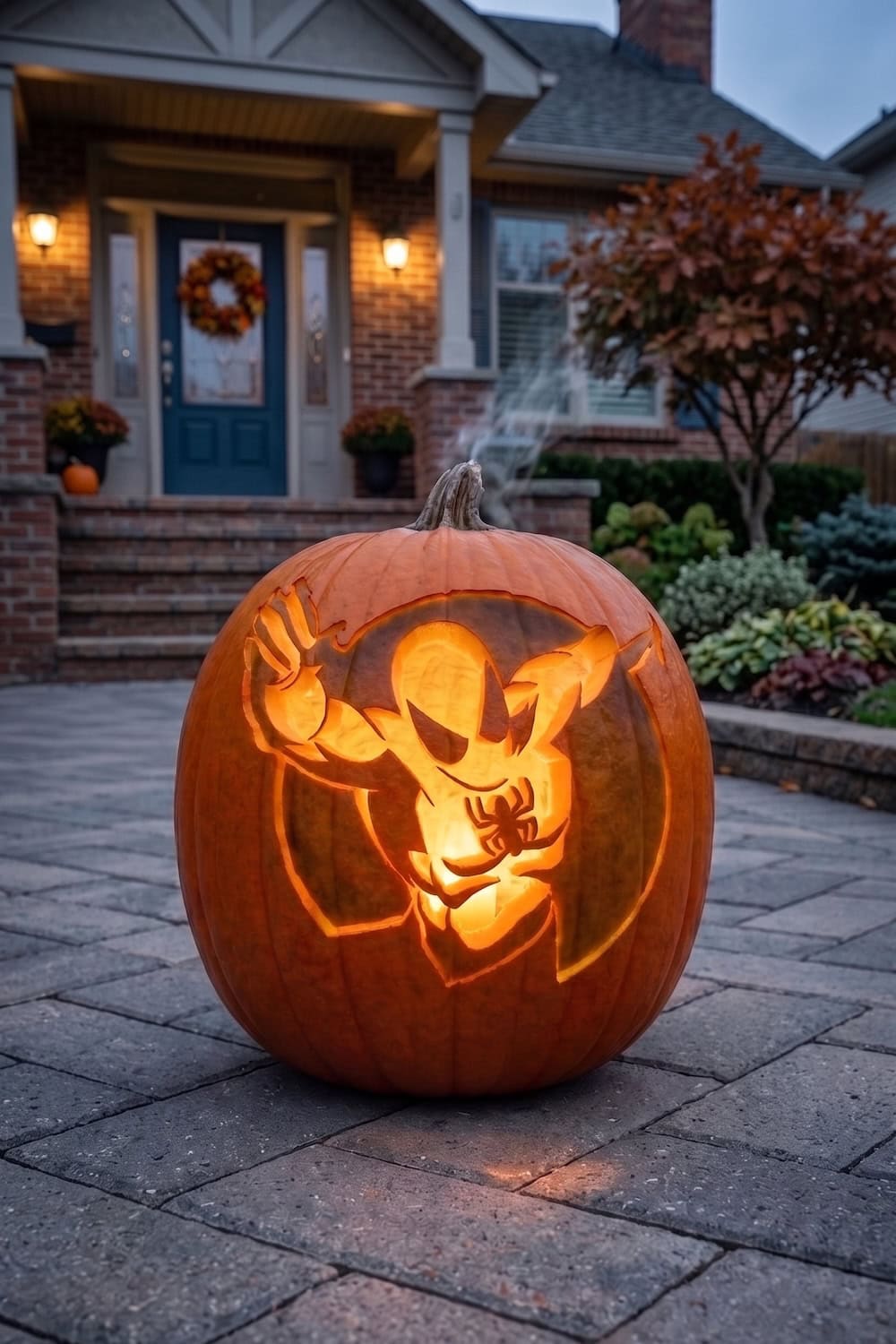 A large pumpkin carved with a superhero design using Spiderman pumpkin stencils, glowing from within, sits on a brick walkway in front of a house decorated for autumn.