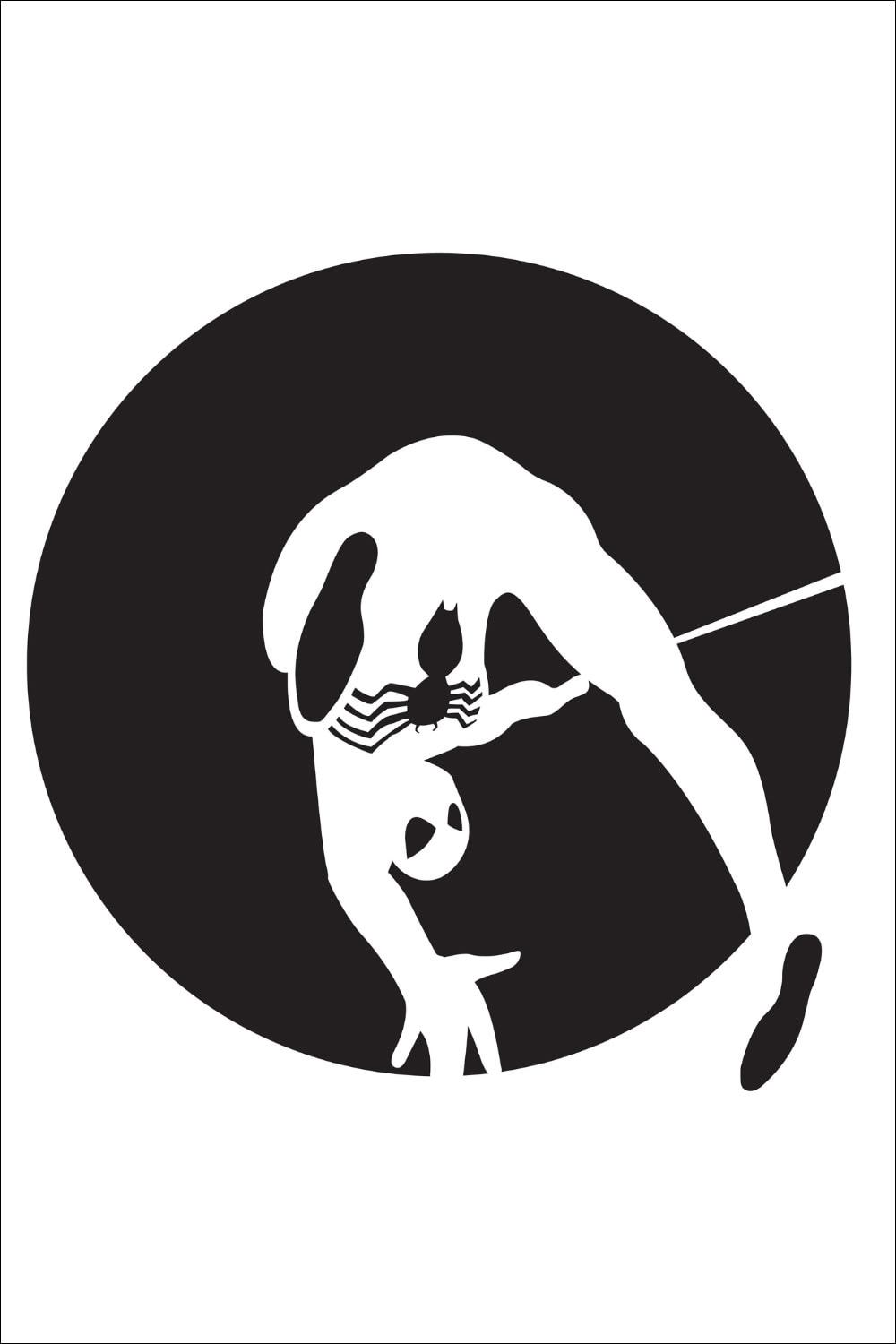 Black and white silhouette of a figure in a dynamic, crouching pose, resembling Spider-Man in the Venom suit, with a spider emblem on the chest against an oval background—perfect for those looking for Spider-Man templates or Spiderman pumpkin stencils as a free printable.