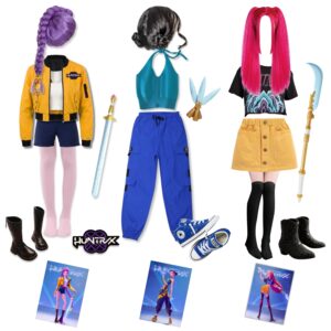 Three colorful DIY Kpop Demon Hunters costumes with wigs, shoes, and accessories are laid out on a white background, each paired with a matching illustrated character card for distinctive cosplay looks.