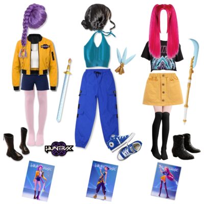 Three colorful DIY Kpop Demon Hunters costumes with wigs, shoes, and accessories are laid out on a white background, each paired with a matching illustrated character card for distinctive cosplay looks.