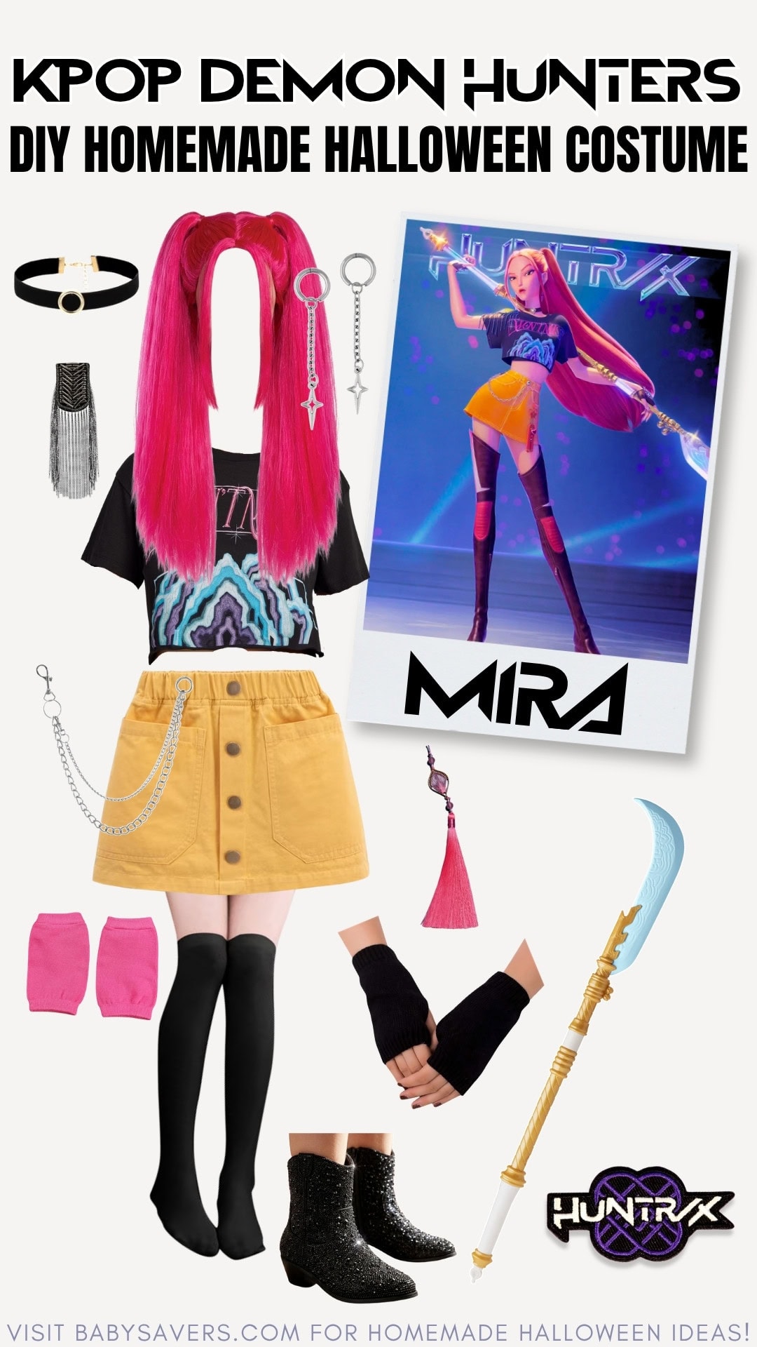 DIY K-pop Demon Hunters Halloween costume for “Mira”: includes pink wig, choker, hairpins, black graphic tee, yellow skirt, pink bands, thigh-high socks, fingerless gloves, boots, crystal staff, and prop photo.
