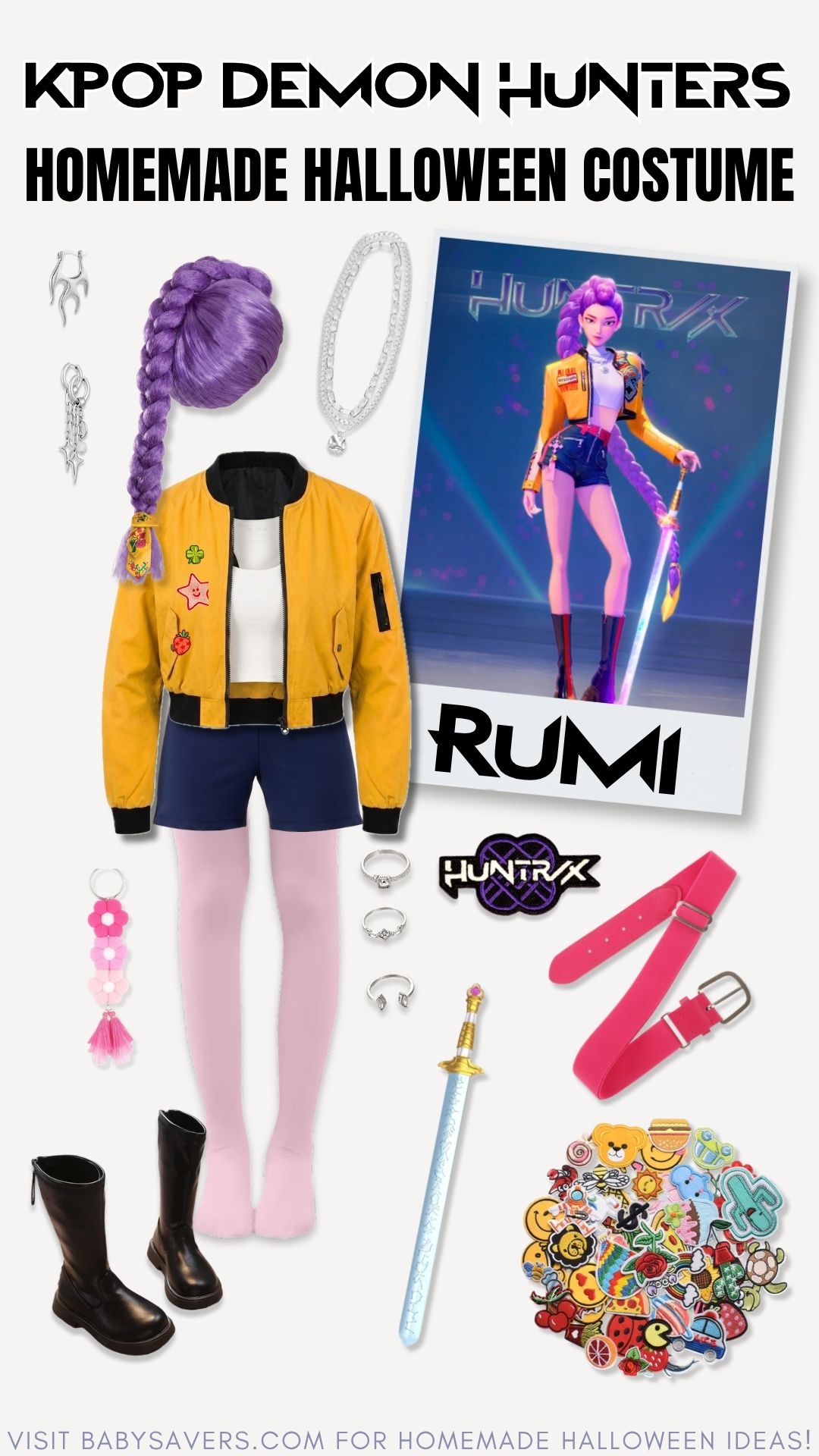 DIY K-pop Demon Hunters Costume inspired by Rumi, featuring a purple wig, yellow jacket, shorts, pink tights, boots, toy sword, belt, earrings, and unique accessories.