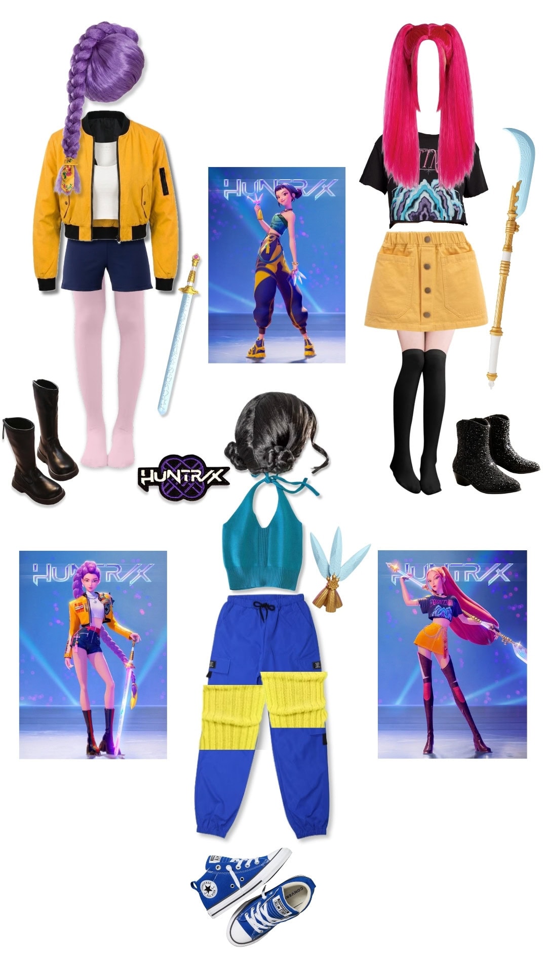 Three different animated female character costumes—including a DIY Demon Hunters Costume—come with matching wigs, clothes, shoes, and props, each displayed beside a reference image of the character they portray.