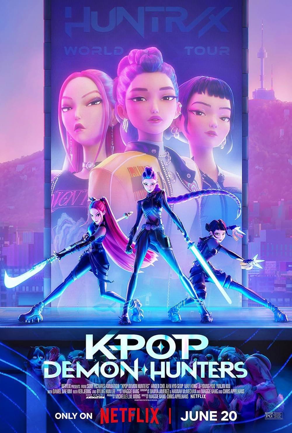Four animated girls pose confidently with weapons and bold Kpop-inspired costume ideas in front of their poster. Neon lights and a cityscape create a futuristic vibe. Text: “KPOP DEMON HUNTERS,” “Netflix,” and “June 20.”.