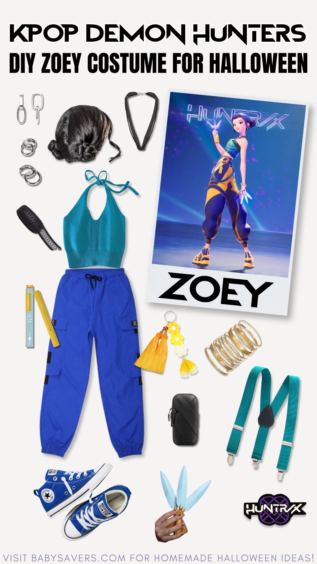 DIY K-pop Demon Hunters Costume: Create your own Zoey look for Halloween with blue joggers, teal halter top, wig, and accessories. Includes a game image and layout guide for your DIY project.